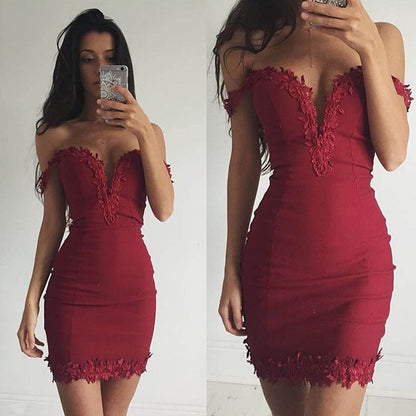 Sexy kurzes schulterfreies Ballkleid in Burgunderrot