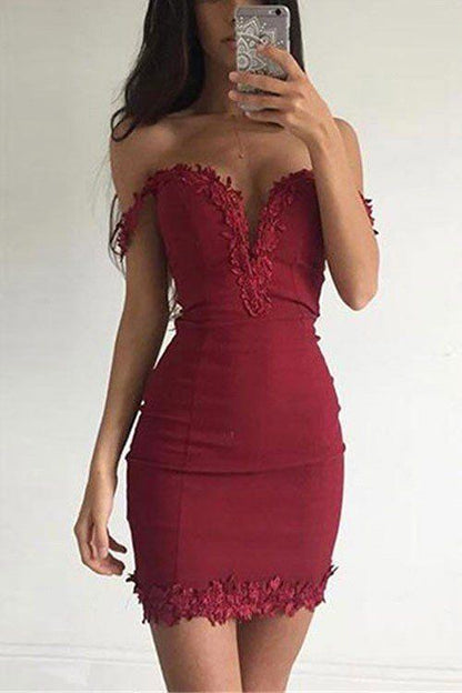 Sexy kurzes schulterfreies Ballkleid in Burgunderrot