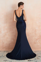 Sexy ärmelloses Meerjungfrau-Ballkleid, rückenfreies Satin, glitzernde Pailletten, Abendkleid