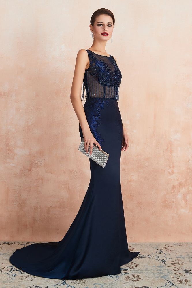 Sexy ärmelloses Meerjungfrau-Ballkleid, rückenfreies Satin, glitzernde Pailletten, Abendkleid