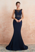 Sexy ärmelloses Meerjungfrau-Ballkleid, rückenfreies Satin, glitzernde Pailletten, Abendkleid