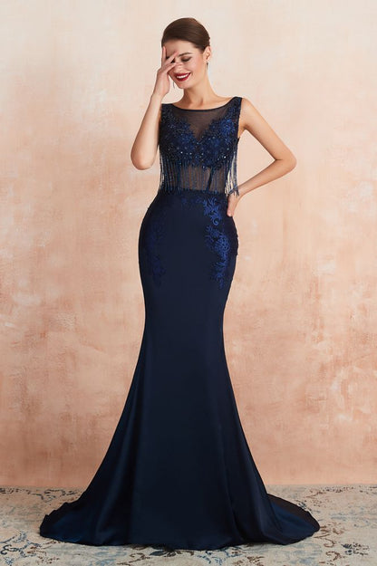 Sexy ärmelloses Meerjungfrau-Ballkleid, rückenfreies Satin, glitzernde Pailletten, Abendkleid