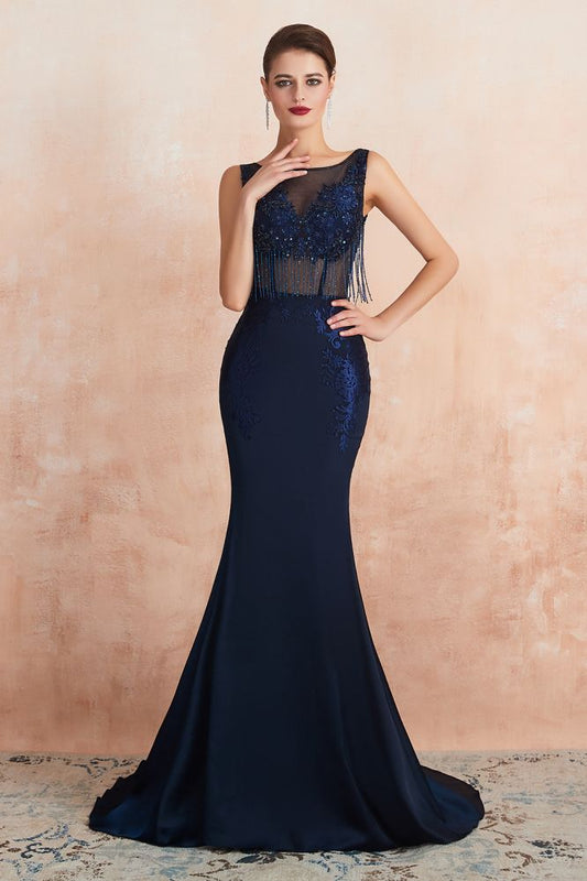 Sexy ärmelloses Meerjungfrau-Ballkleid, rückenfreies Satin, glitzernde Pailletten, Abendkleid