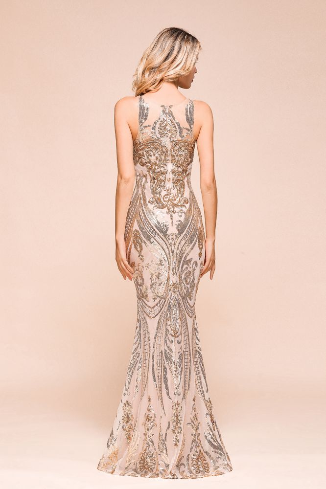 Sexy ärmelloses Meerjungfrau-Abschlussballkleid mit funkelndem Goldmuster, bodenlange Träger, Abendkleid