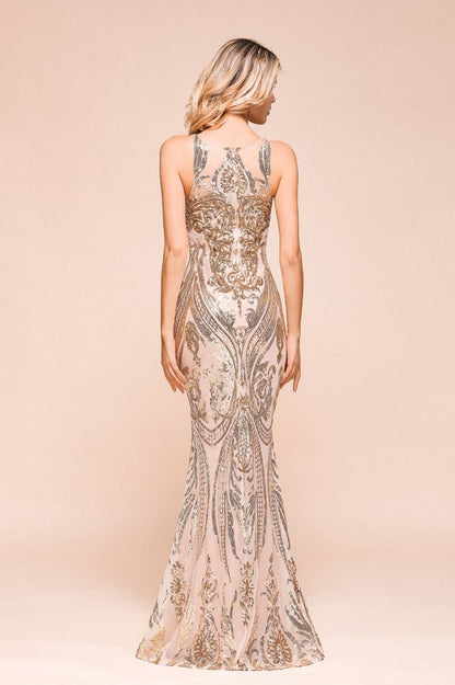 Sexy ärmelloses Meerjungfrau-Abschlussballkleid mit funkelndem Goldmuster, bodenlange Träger, Abendkleid