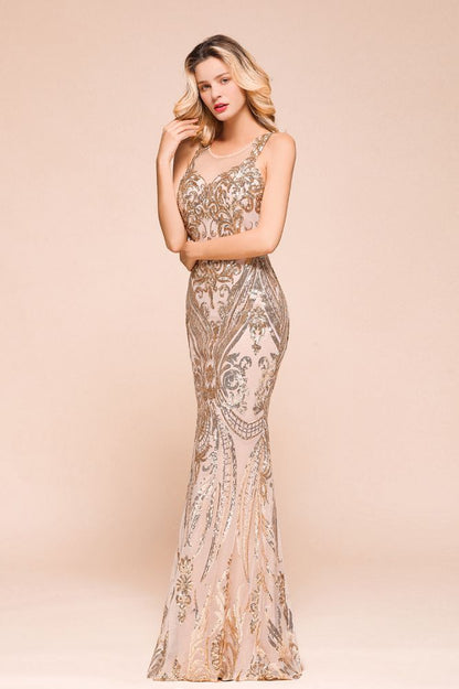 Sexy ärmelloses Meerjungfrau-Abschlussballkleid mit funkelndem Goldmuster, bodenlange Träger, Abendkleid