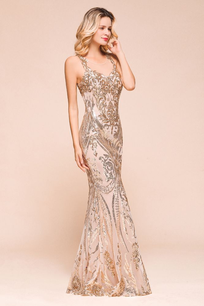 Sexy ärmelloses Meerjungfrau-Abschlussballkleid mit funkelndem Goldmuster, bodenlange Träger, Abendkleid