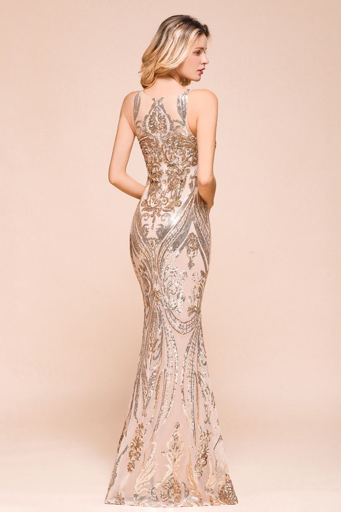Sexy ärmelloses Meerjungfrau-Abschlussballkleid mit funkelndem Goldmuster, bodenlange Träger, Abendkleid