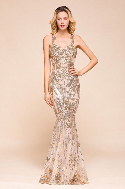 Sexy ärmelloses Meerjungfrau-Abschlussballkleid mit funkelndem Goldmuster, bodenlange Träger, Abendkleid
