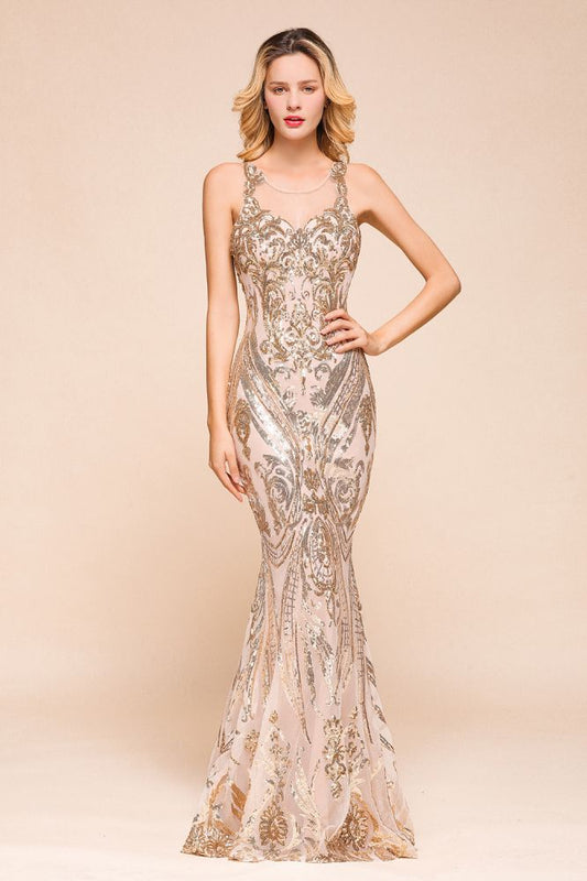 Sexy ärmelloses Meerjungfrau-Abschlussballkleid mit funkelndem Goldmuster, bodenlange Träger, Abendkleid