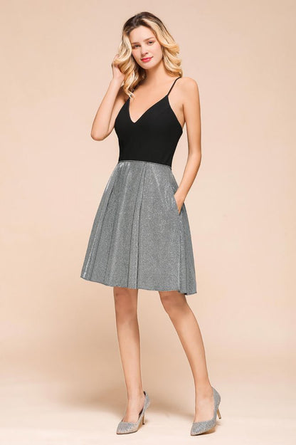 Sexy ärmelloses kurzes Homecoming-Kleid, helles Partykleid mit V-Ausschnitt und Tasche