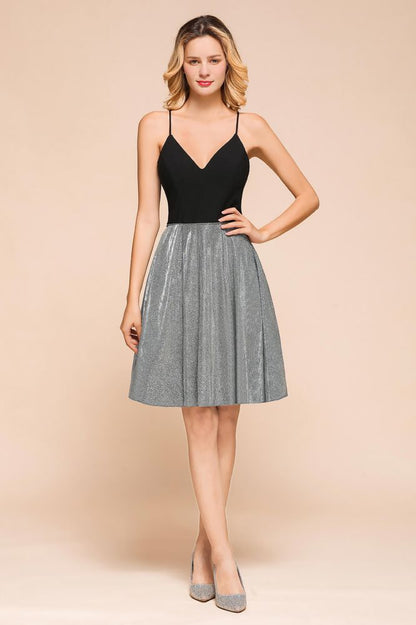 Sexy ärmelloses kurzes Homecoming-Kleid, helles Partykleid mit V-Ausschnitt und Tasche