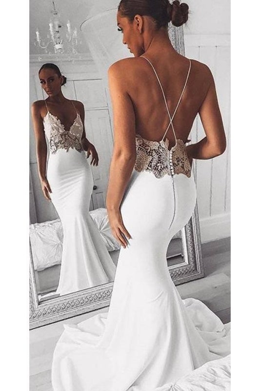 Sexy Spaghettiträger Hübsche Meerjungfrau Long Beach Elegante Brautkleider mit Spitze 