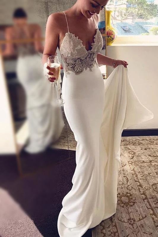 Sexy Spaghettiträger Hübsche Meerjungfrau Long Beach Elegante Brautkleider mit Spitze 