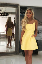 Sexy Spaghettiträger Kurzes Rosa Homecoming-Kleid mit Taschen PD102
