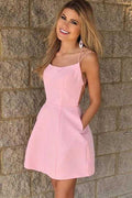 Sexy Spaghettiträger Kurzes Rosa Homecoming-Kleid mit Taschen PD102