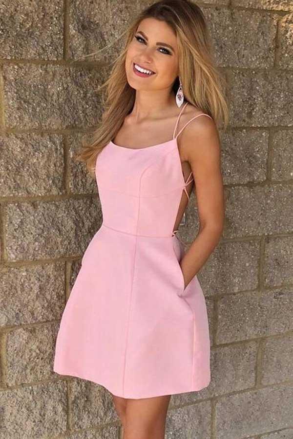 Vestido corto rosa sexy de tirantes finos con bolsillos para la fiesta de bienvenida PD102