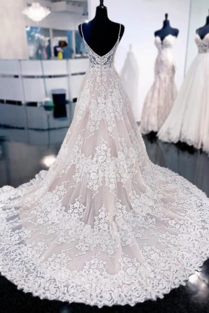 Sexy Spaghettiträger Ärmelloses A-Linie Spitze Rückenfreies Brautkleid mit Schleppe