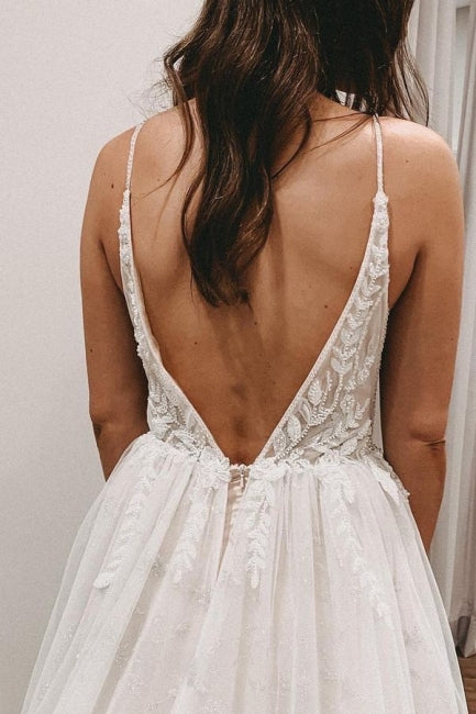 Vestidos de novia sexys de encaje, sin mangas y con tirantes finos