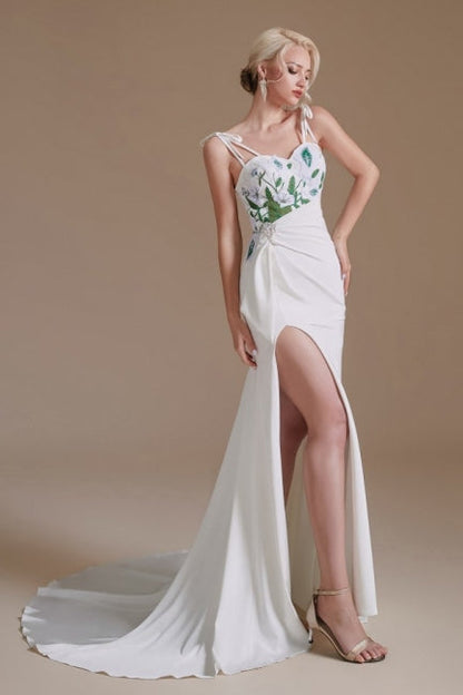 Sexy Spaghettiträger Ärmellose Meerjungfrau Bodenlange Satin Brautkleider 