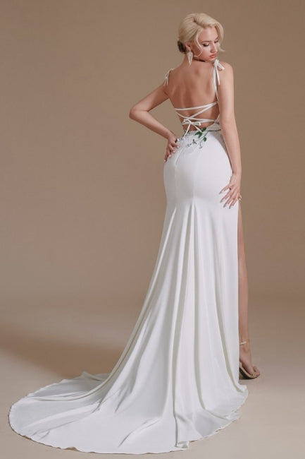 Sexy Spaghettiträger Ärmellose Meerjungfrau Bodenlange Satin Brautkleider 