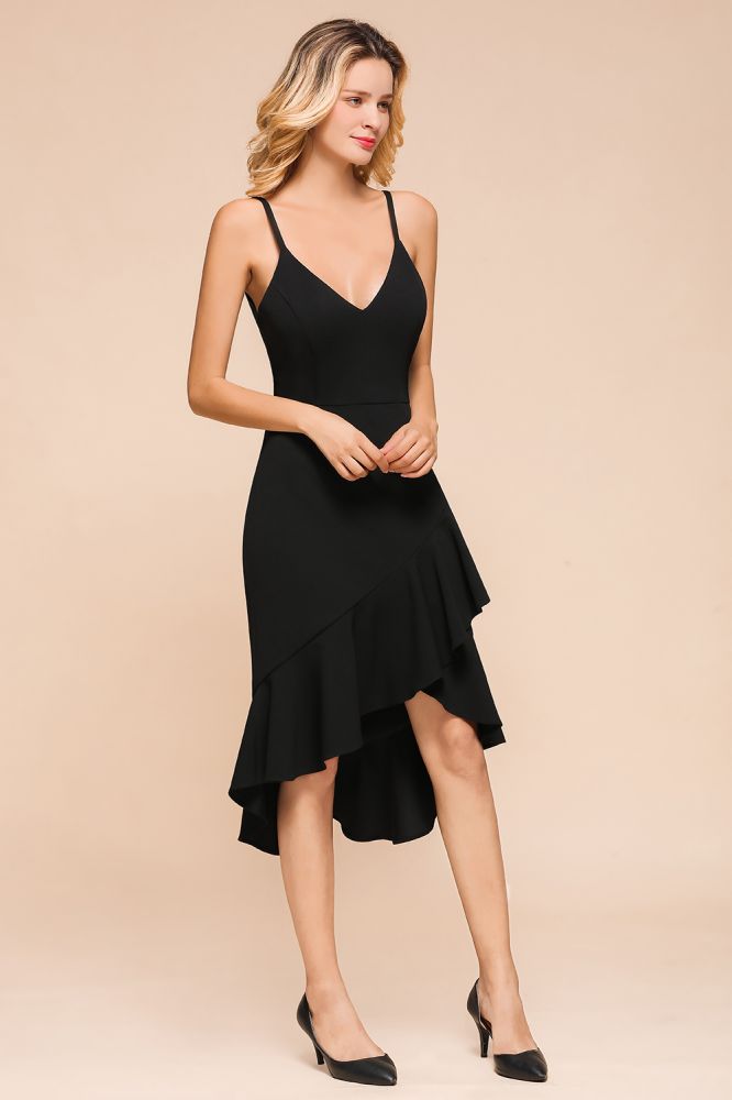 Sexy Spaghettiträger Sweetheart Slim Hi-Lo Partykleid Vintage rückenfreies schwarzes Ballkleid