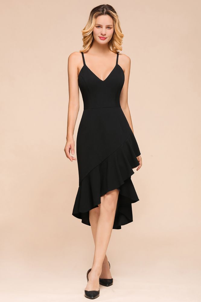 Sexy Spaghettiträger Sweetheart Slim Hi-Lo Partykleid Vintage rückenfreies schwarzes Ballkleid
