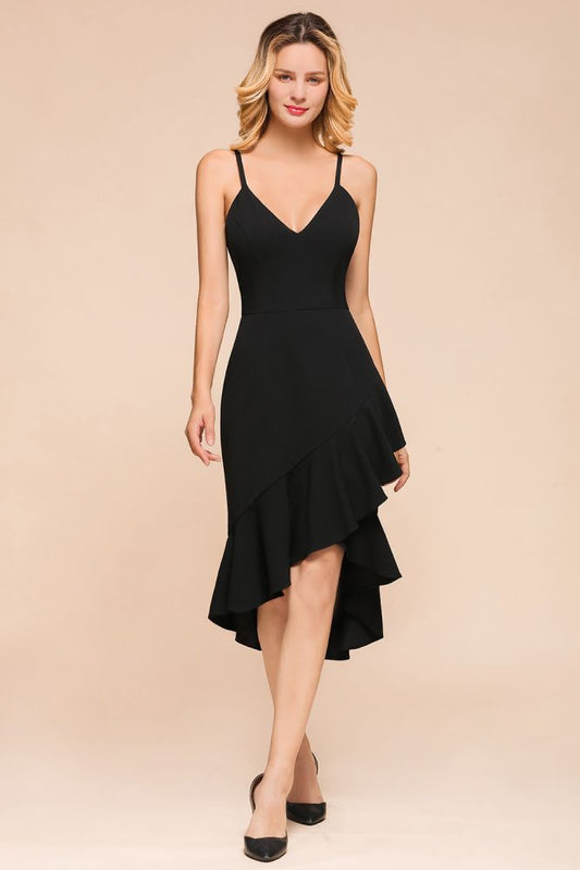 Sexy Spaghettiträger Sweetheart Slim Hi-Lo Partykleid Vintage rückenfreies schwarzes Ballkleid