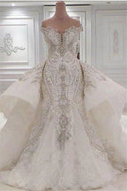 Sexy Strapless Crystals Mermaid Wedding Dresses with Overskirt Long Train