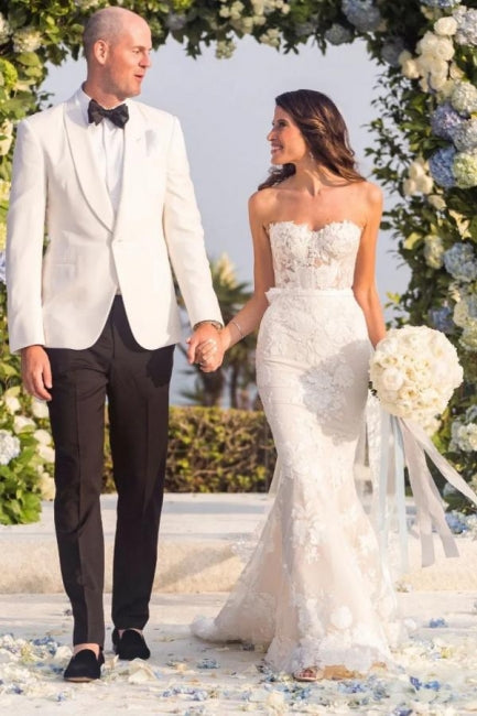 Vestidos de novia sexys de sirena sin tirantes y escote corazón con encaje