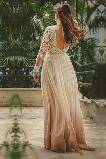 Sexy Herzausschnitt A-Linie Lange Ärmel Rückenfrei Boho Chiffon Brautkleider