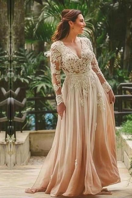 Sexy Herzausschnitt A-Linie Lange Ärmel Rückenfrei Boho Chiffon Brautkleider
