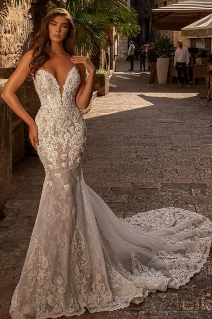 Sexy herzförmiges ärmelloses Meerjungfrau-Brautkleid aus Spitze