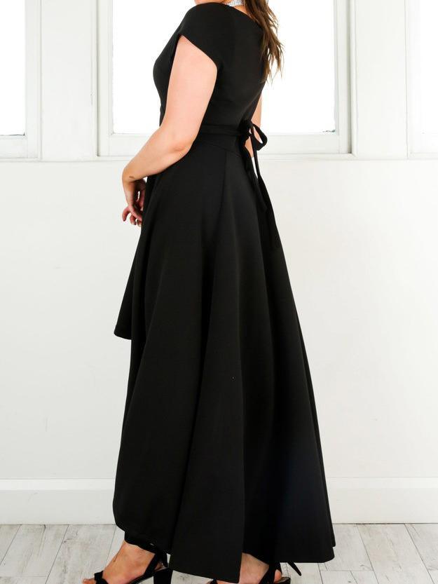 Sexy Satin-Heimkehrkleid mit V-Ausschnitt und Flügelärmeln, High Low, PD073