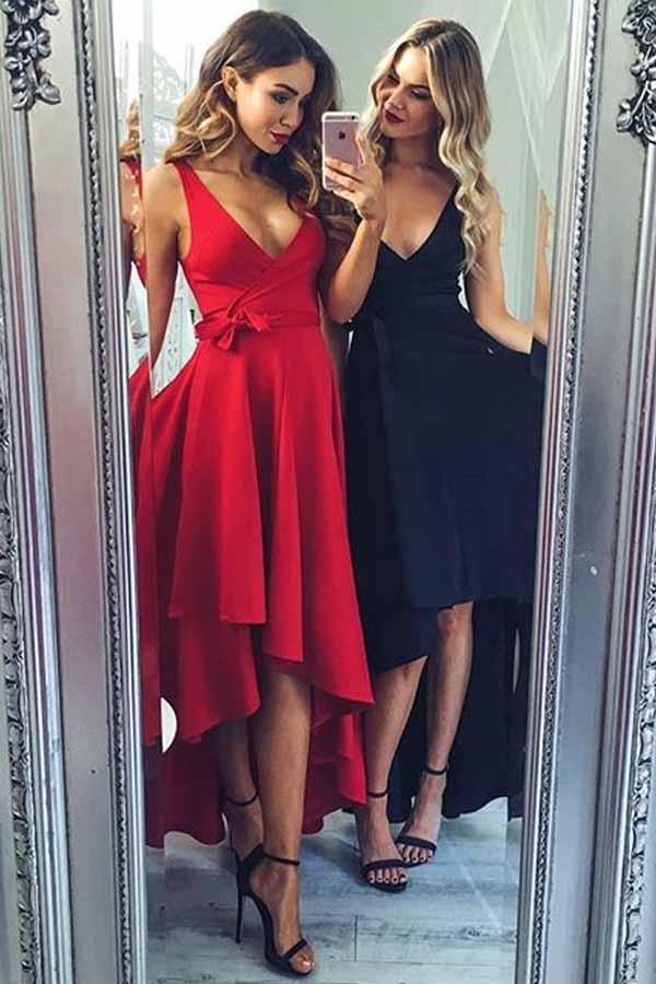 Vestido de fiesta sexy con escote en V, largo, alto y bajo, con faja PD074