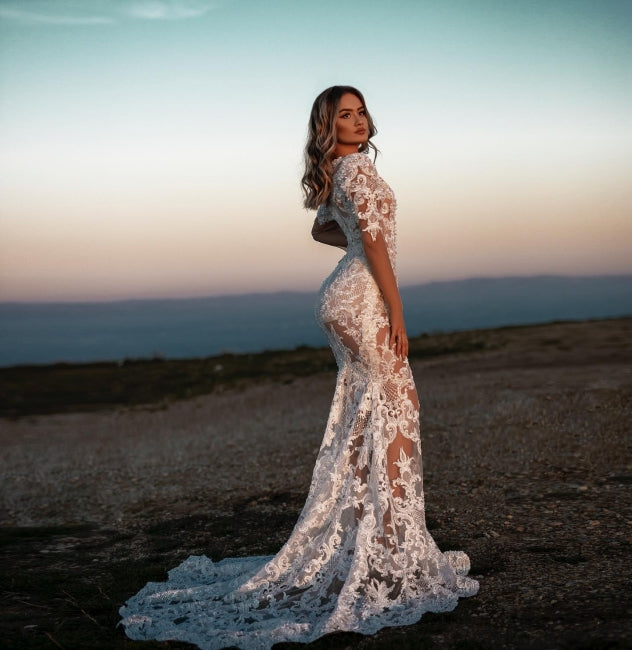 Vestidos de novia sexys de encaje sirena con escote en V y mangas