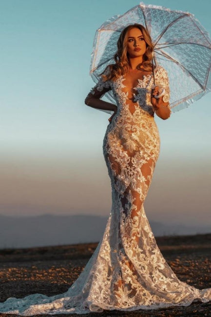 Vestidos de novia sexys de encaje sirena con escote en V y mangas