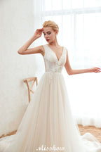 Vestido de novia sexy de tul estilo princesa con escote en V y apliques de encaje