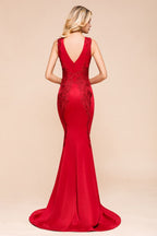 Sexy V-neck Sleeveless Mermaid Evening Maxi Gown Floral Appliques Party Dress with Sweep Train