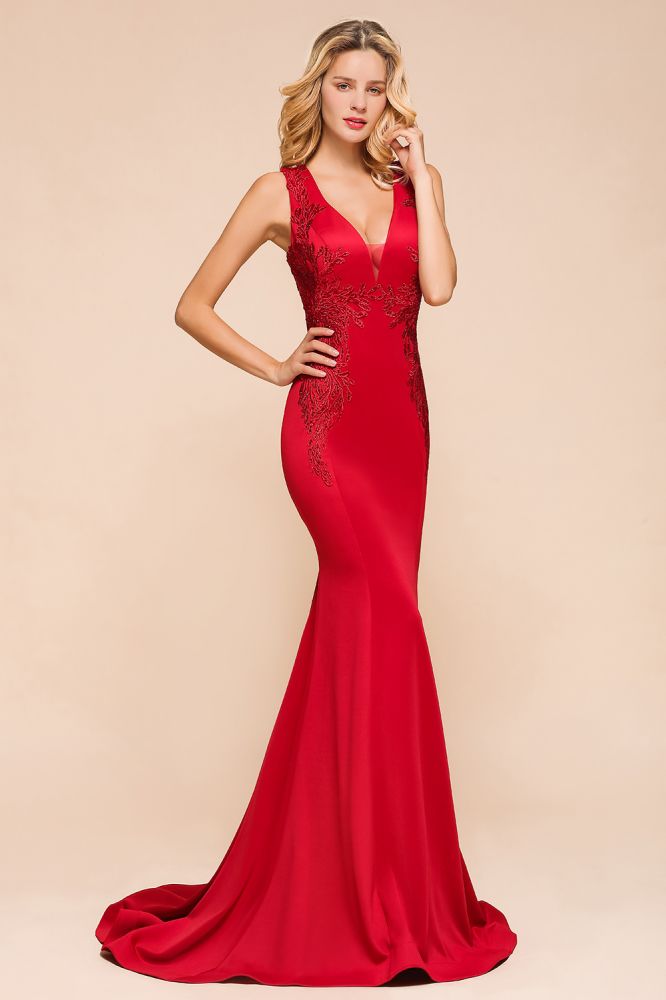 Sexy ärmelloses Meerjungfrau-Abend-Maxikleid mit V-Ausschnitt und Blumenapplikationen