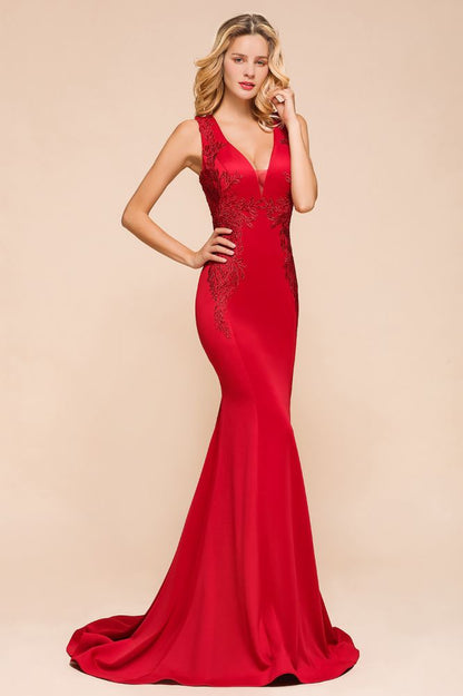 Sexy ärmelloses Meerjungfrau-Abend-Maxikleid mit V-Ausschnitt und Blumenapplikationen