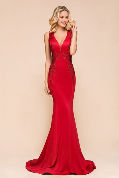 Sexy ärmelloses Meerjungfrau-Abend-Maxikleid mit V-Ausschnitt und Blumenapplikationen