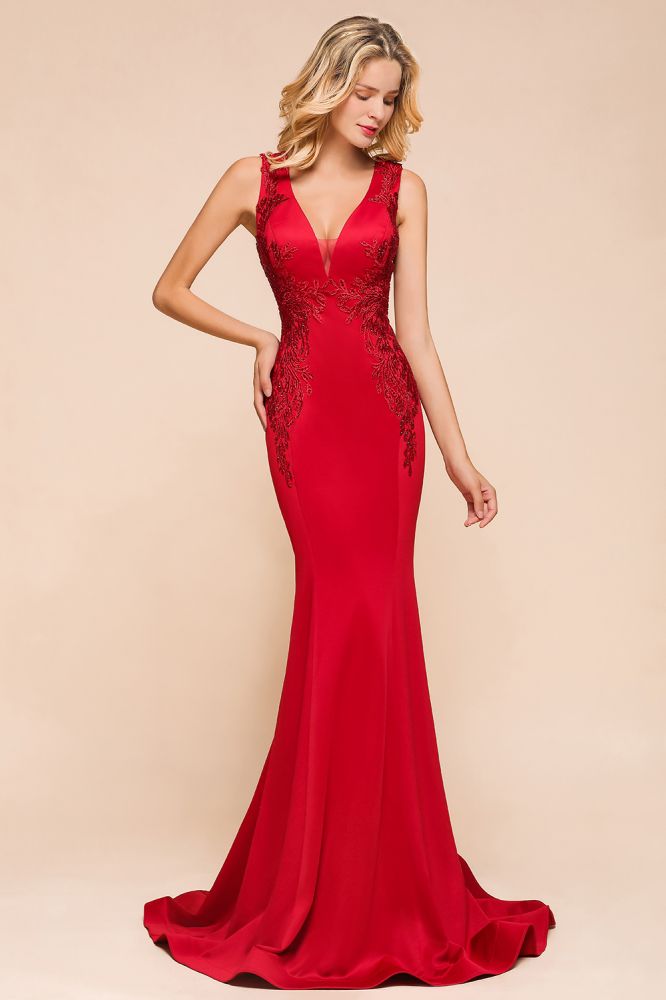 Sexy ärmelloses Meerjungfrau-Abend-Maxikleid mit V-Ausschnitt und Blumenapplikationen