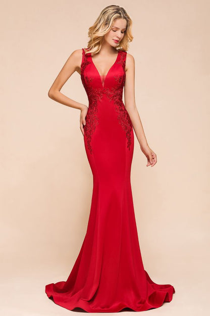 Sexy ärmelloses Meerjungfrau-Abend-Maxikleid mit V-Ausschnitt und Blumenapplikationen