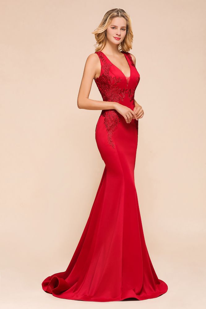Sexy ärmelloses Meerjungfrau-Abend-Maxikleid mit V-Ausschnitt und Blumenapplikationen