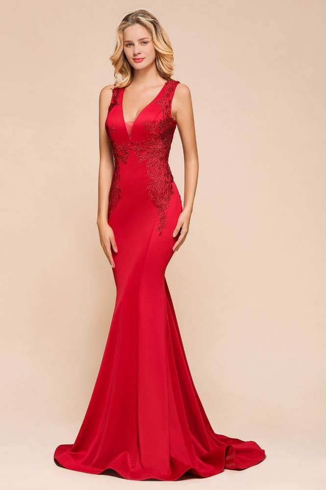 Sexy ärmelloses Meerjungfrau-Abend-Maxikleid mit V-Ausschnitt und Blumenapplikationen