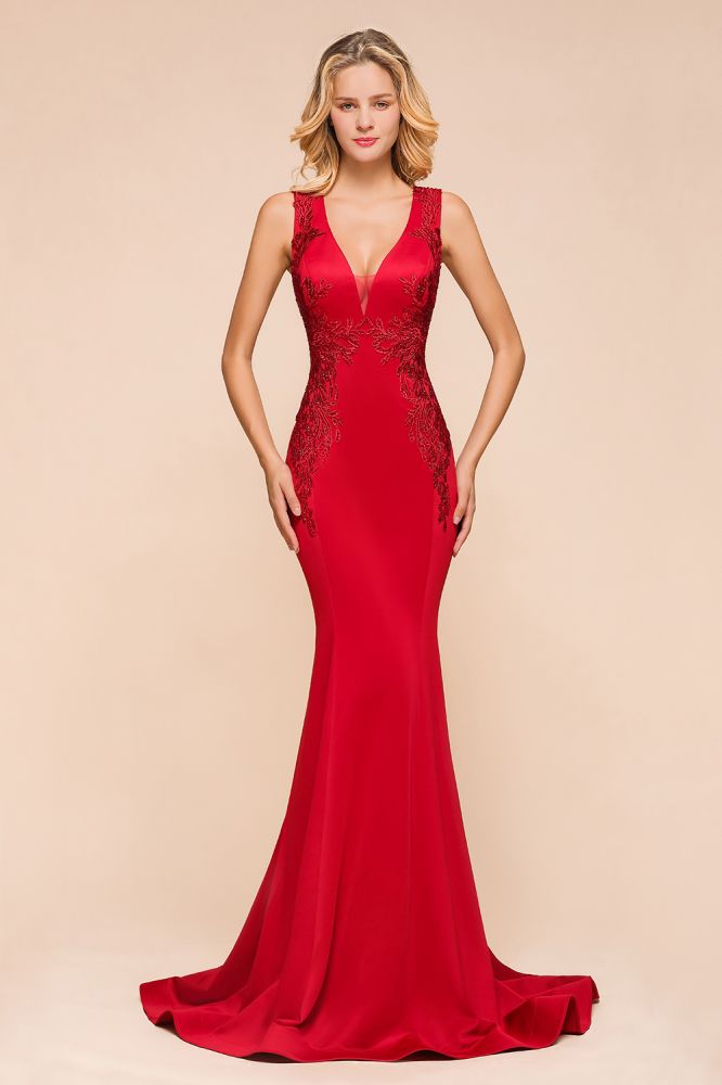 Sexy ärmelloses Meerjungfrau-Abend-Maxikleid mit V-Ausschnitt und Blumenapplikationen