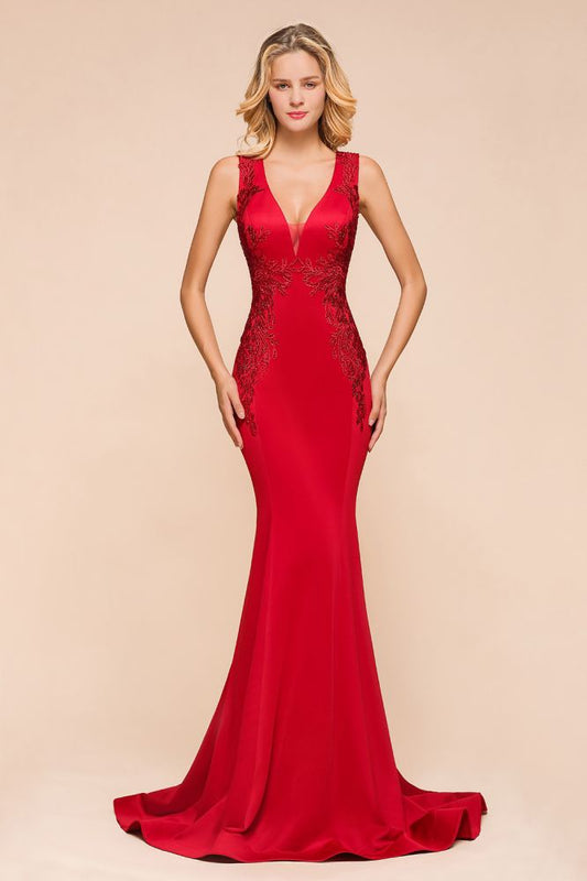 Sexy ärmelloses Meerjungfrau-Abend-Maxikleid mit V-Ausschnitt und Blumenapplikationen