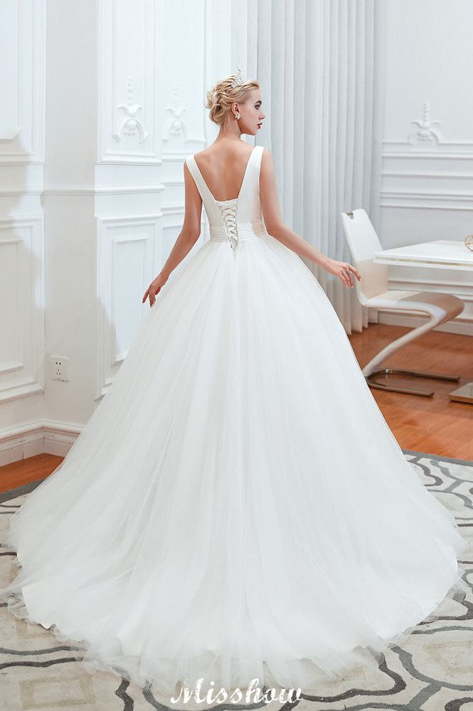 Sexy V-Ausschnitt Ärmelloses Prinzessin Frühlingshochzeitskleid | Weiße Brautkleider mit tiefem Rücken und Gürtel
