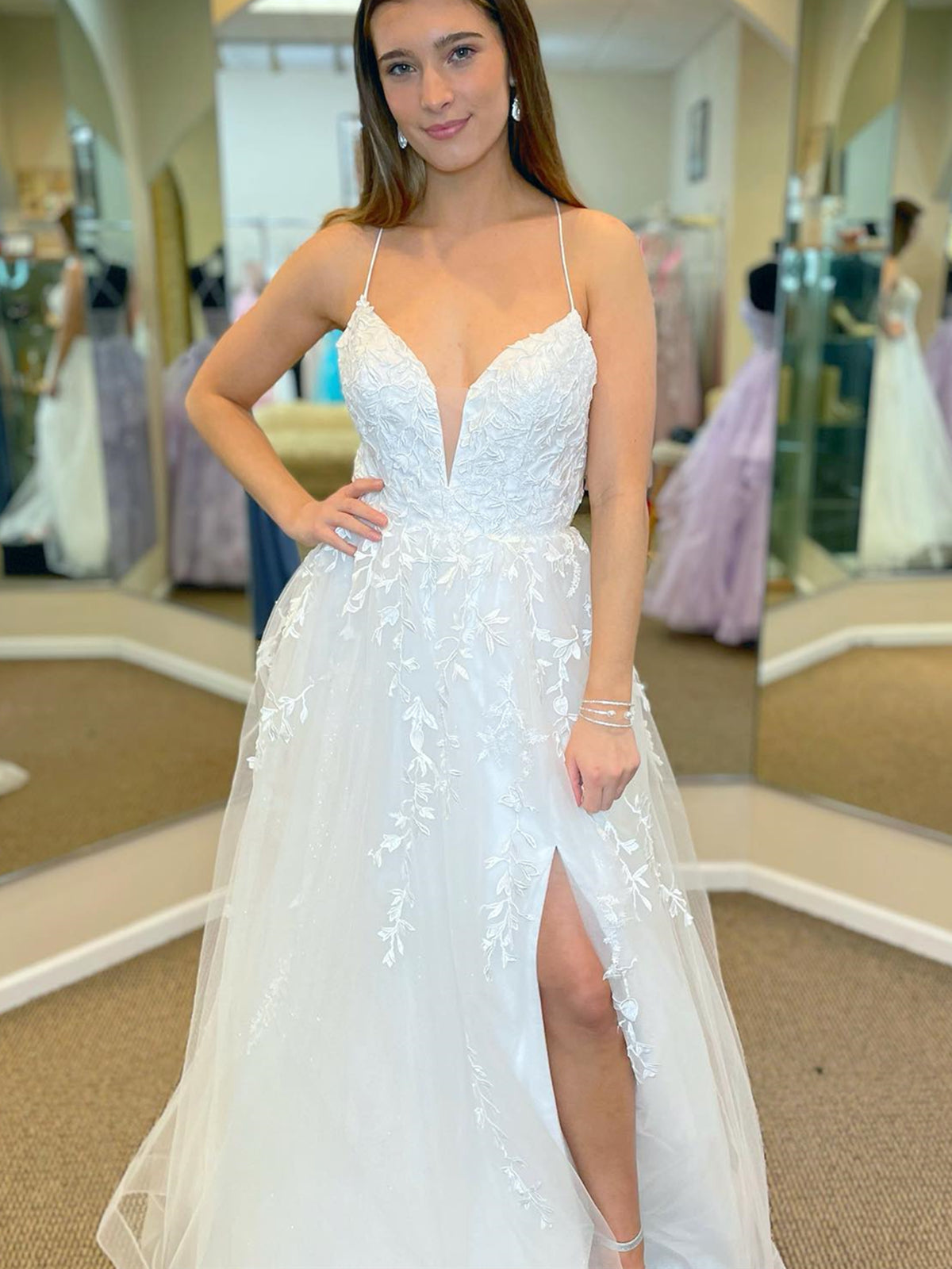 Sexy White Long A Line V Neck Lace Tulle Prom Dresses with Slit